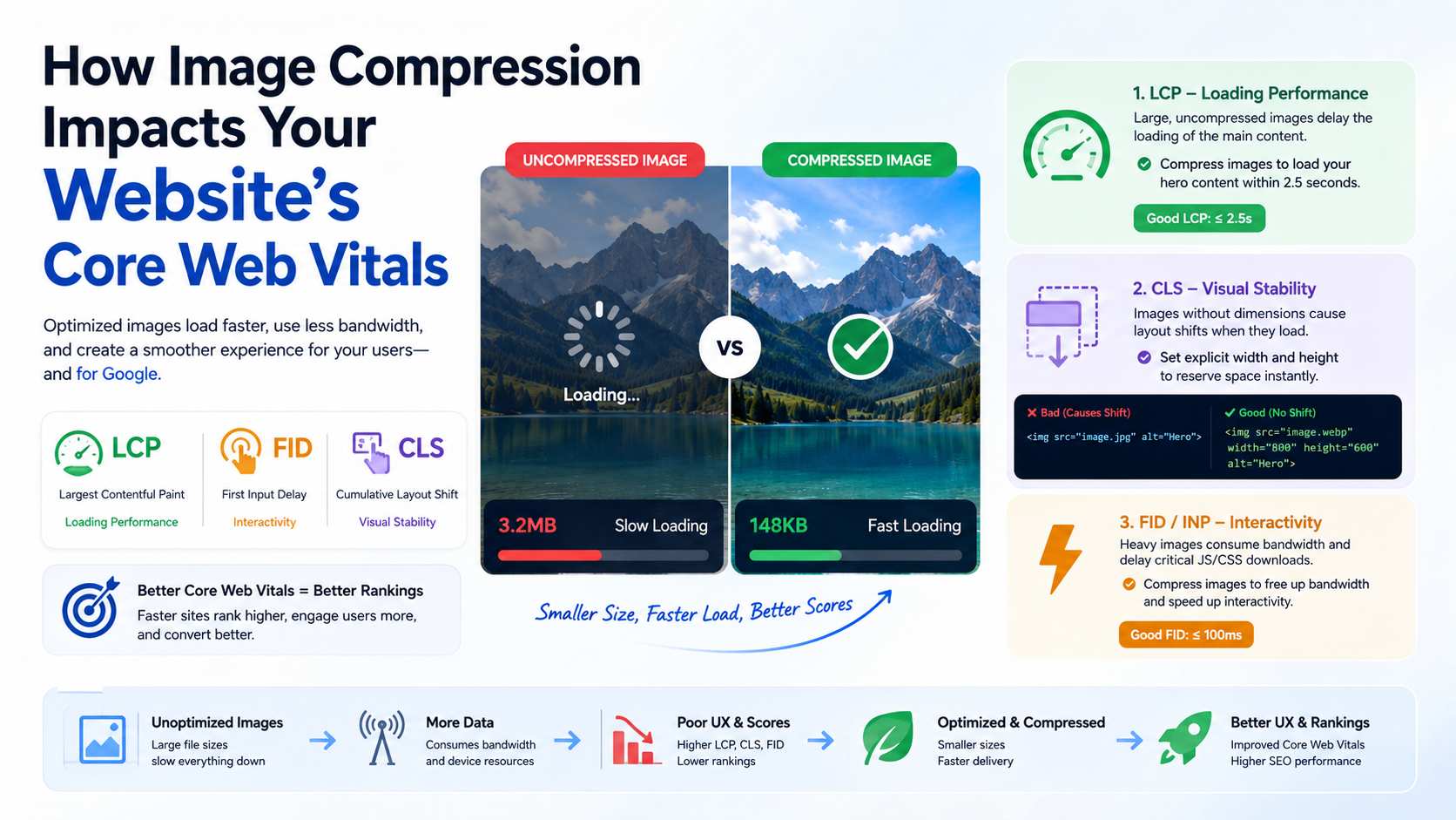 Dashboard displaying improvements in Google Core Web Vitals metrics after image compression